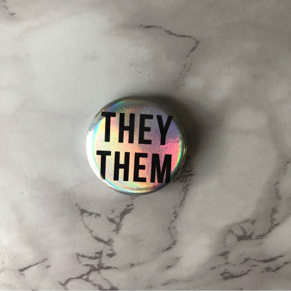 Metallic Holographic Silver They/Them Pronoun LGBTQ Pin